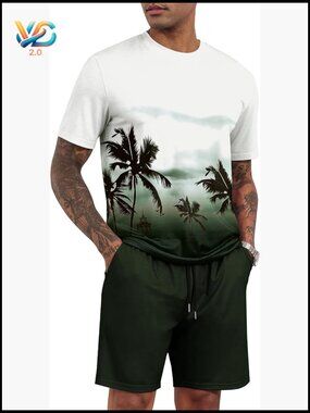 Men's 2 Piece Short Sleeve Tracksuit Tropical Graphic Tee and Shorts Set